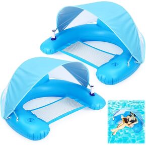 2 Pcs Large Pool Floats with Canopy for Adult, XL Inflatable Floating Chair for Pool Swimming Pool Floats Adults with Adjustable Sun Shade Cup Holder Women Beach Pool Favor