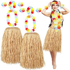 Junkin 2 Set Hawaiian Luau Raffia Skirts Cosplay Costume Natural Raffia Hula Skirts Halloween Party Favors for Kids Adults
