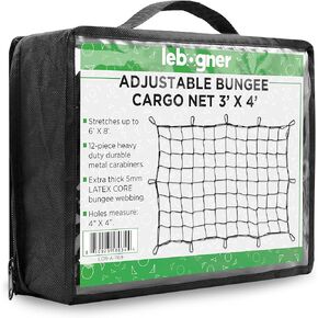 lebogner 4’ x 6’ Cargo Net For Pickup Truck Bed, Heavy Duty Latex Bungee Mesh Netting For Roof Rack With 12 Metal Carabiner Hooks & Stretches Up To 8’ x 12’, Compatible With Most Trailers, Jeeps, SUVs