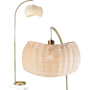 Brightech Wave Arched Floor Lamp – Unique Hanging Wicker Shade for Living Rooms – Rattan Style Matches Boho and Other Décor – Arcs Over Sofas and Dining Tables for Compliments - Brass