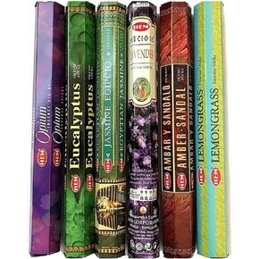 Assorted Incense Sticks Pack of 6 - 120 Sticks, Fragrance - Lemongrass, Lavender, Egyptian Jasmine, Ambar Sandalo, Opium, Eucalyptus (New)