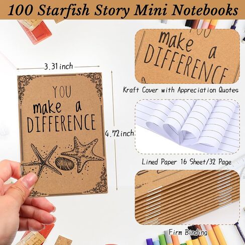 Seajan 50 Set Starfish Story Gifts Set You Make a Difference Gifts Inspirational Pocket Kraft Notebooks Bamboo Pen Employee Appreciation Gift Bulk for Coworker Nurse Teacher in Saudi Arabia