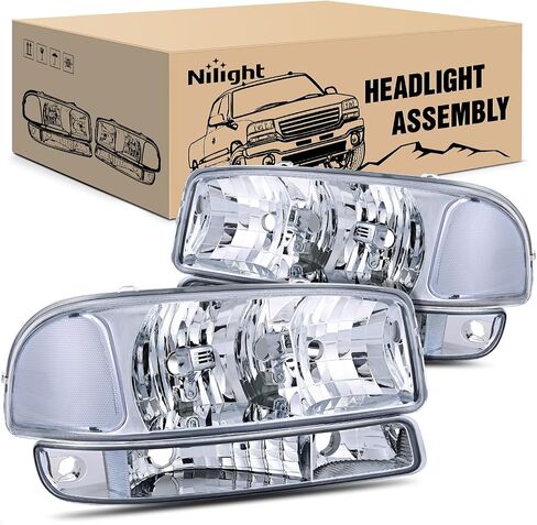 Nilight Headlight Assembly Compatible for 1999 2000 2001 2002 2003 2004 2005 2006 GMC Sierra Yukon, Chrome Housing Clear Corner Clear Lens, Headlights Assembly Replacement in Saudi Arabia