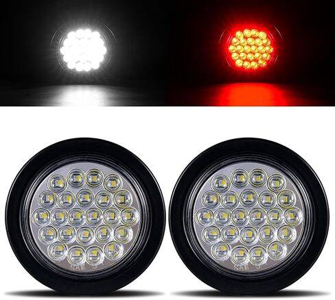 قطعتان من مصابيح LED المستديرة للمقطورة مقاس 4 بوصات 24 مصباح LED أحمر لإشارة إيقاف الانعطاف، مصابيح احتياطية بيضاء مقاس 4 بوصات أضواء عكسية باللون الأحمر/الأبيض ومصابيح خلفية لشاحنة المقطورة مع 3 أسلاك توصيل شوكية in Kuwait