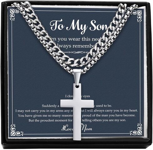 VNOX To My Son Necklace - Layered Cross Necklace Gift for Son from Mom Stainless Steel Silver Layered Cuban Chain Cross Pendant Necklace Simple Jewelry Graduation Birthday Son Gifts From Mom in Saudi Arabia