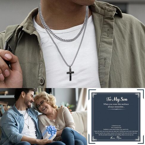VNOX To My Son Necklace - Layered Cross Necklace Gift for Son from Mom Stainless Steel Silver Layered Cuban Chain Cross Pendant Necklace Simple Jewelry Graduation Birthday Son Gifts From Mom in Saudi Arabia