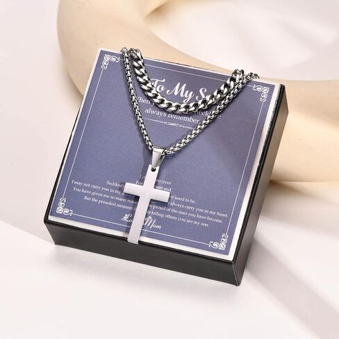 VNOX To My Son Necklace - Layered Cross Necklace Gift for Son from Mom Stainless Steel Silver Layered Cuban Chain Cross Pendant Necklace Simple Jewelry Graduation Birthday Son Gifts From Mom in Saudi Arabia