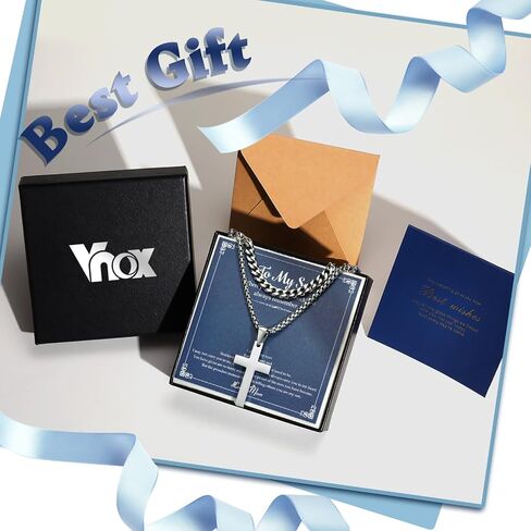 VNOX To My Son Necklace - Layered Cross Necklace Gift for Son from Mom Stainless Steel Silver Layered Cuban Chain Cross Pendant Necklace Simple Jewelry Graduation Birthday Son Gifts From Mom in Saudi Arabia