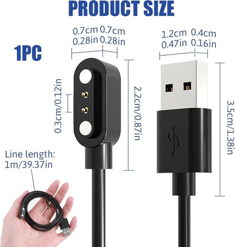 شاحن الساعة الذكية كابل شحن USB-A مغناطيسي، 3.3FT/100CM 5V 0.5A 2Pin 2.84 مم، متوافق مع Letsfit Willful YAMAY VeryFitPro SW023 ID205L SW021 ID205U ID205S SW025 Uwatch 3S 3 2 2S in Saudi Arabia