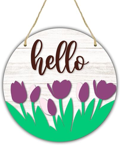 لافتة باب خشبية دائرية مقاس 8 بوصات - مرحبًا، زهور التوليب الأرجوانية - علامة ترحيب بموسم الربيع الريفي، هدية الانتقال لمنزل جديد، ديكورات المنزل والمكتب - B04 in Kuwait