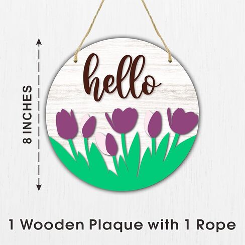 لافتة باب خشبية دائرية مقاس 8 بوصات - مرحبًا، زهور التوليب الأرجوانية - علامة ترحيب بموسم الربيع الريفي، هدية الانتقال لمنزل جديد، ديكورات المنزل والمكتب - B04 in Kuwait