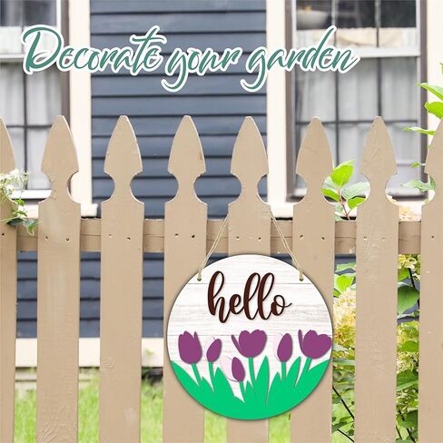 لافتة باب خشبية دائرية مقاس 8 بوصات - مرحبًا، زهور التوليب الأرجوانية - علامة ترحيب بموسم الربيع الريفي، هدية الانتقال لمنزل جديد، ديكورات المنزل والمكتب - B04 in Kuwait