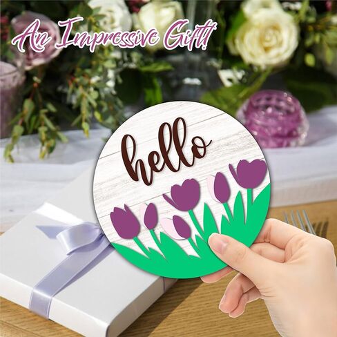 لافتة باب خشبية دائرية مقاس 8 بوصات - مرحبًا، زهور التوليب الأرجوانية - علامة ترحيب بموسم الربيع الريفي، هدية الانتقال لمنزل جديد، ديكورات المنزل والمكتب - B04 in Kuwait