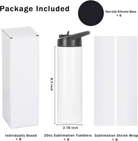 20 oz Sublimation Tumblers, Sublimation Sports Water Bottle Blanks Bulk, Stainless Steel Double Wall Insulated Sublimation Straight Cups with Portable Handle, Individually Boxed (8 Pack) in Saudi Arabia