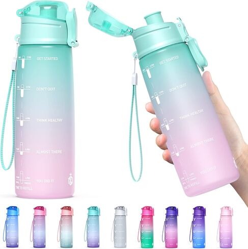 Y&3 32oz Motivational Fitness Sports Water Bottle With Time Marker, BPA Free Tritan Plastic, Leakproof Flip Top, For Gym, Outdoor, Office Work (Green/Purple Gradient, 32oz) in Saudi Arabia