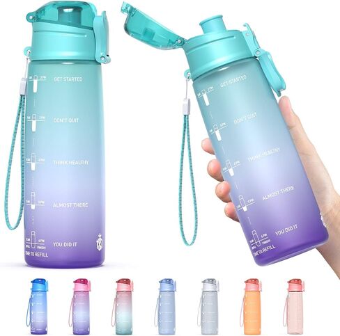 Y&3 32oz Motivational Fitness Sports Water Bottle With Time Marker, BPA Free Tritan Plastic, Leakproof Flip Top, For Gym, Outdoor, Office Work (Green/Purple Gradient, 32oz) in Saudi Arabia