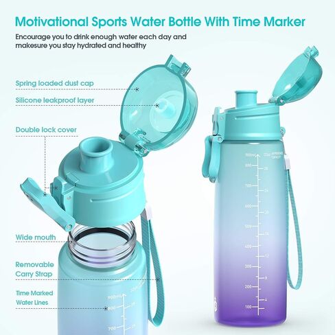 Y&3 32oz Motivational Fitness Sports Water Bottle With Time Marker, BPA Free Tritan Plastic, Leakproof Flip Top, For Gym, Outdoor, Office Work (Green/Purple Gradient, 32oz) in Saudi Arabia