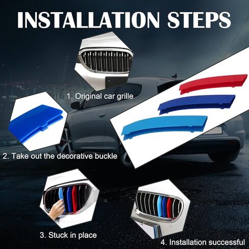 3 قطع زخارف شبكية، شرائط زخارف شبكية ملونة، شبكات الكلى الأمامية في المنتصف، مشابك غطاء الشبكة، مشبك تزيين السيارة، متوافق مع BMW 5 Series 14-17 (الأحمر والأزرق والأزرق الداكن) in Kuwait