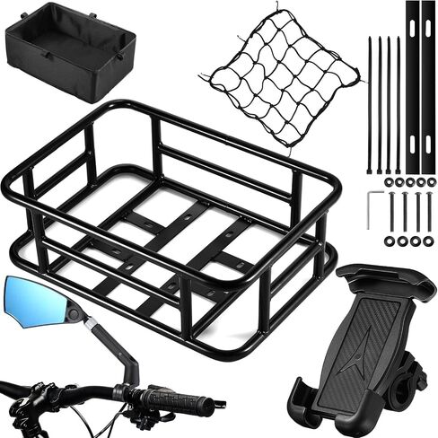 3 Pcs Ebike Accessories Included Rear Rack Bike Basket, 360 Degree Adjustable Handlebar Rear View Mirror and Phone Holder Mount for Electric Bike Bicycle 22-25mm Handlebar in Saudi Arabia
