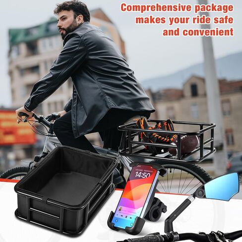 3 Pcs Ebike Accessories Included Rear Rack Bike Basket, 360 Degree Adjustable Handlebar Rear View Mirror and Phone Holder Mount for Electric Bike Bicycle 22-25mm Handlebar in Saudi Arabia