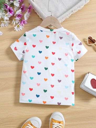 OYOANGLE Girl's Heart Graphic Print Short Sleeve Round Neck Tee Tops Summer Fashion Tee Shirts in Saudi Arabia