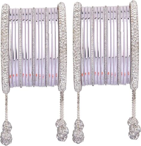 Efulgenz Indian Wedding Bridal Bangles Set Metal Bangles Crystal CZ Rhinestone Plain Glossy Bangles with Metal Ball Beaded Hanging Tassel Bracelet Jewelry For Women in Saudi Arabia
