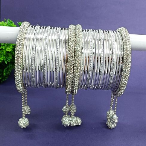 Efulgenz Indian Wedding Bridal Bangles Set Metal Bangles Crystal CZ Rhinestone Plain Glossy Bangles with Metal Ball Beaded Hanging Tassel Bracelet Jewelry For Women in Saudi Arabia