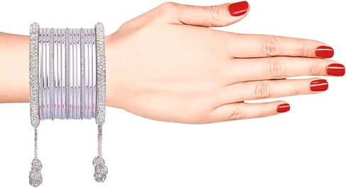 Efulgenz Indian Wedding Bridal Bangles Set Metal Bangles Crystal CZ Rhinestone Plain Glossy Bangles with Metal Ball Beaded Hanging Tassel Bracelet Jewelry For Women in Saudi Arabia