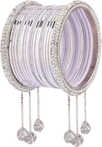 Efulgenz Indian Wedding Bridal Bangles Set Metal Bangles Crystal CZ Rhinestone Plain Glossy Bangles with Metal Ball Beaded Hanging Tassel Bracelet Jewelry For Women in Saudi Arabia