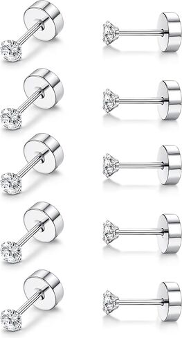 Milacolato 5Pairs G23 Titanium Earrings for Women Men Hypoallergenic Titanium Stud Earrings for Sensitive Ears Clear Cubic Zirconia Earrings Studs 20G Flat Back Piercing Sleeper Cartilage Stud Earrings Set in Saudi Arabia