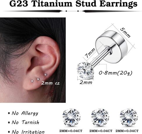 Milacolato 5Pairs G23 Titanium Earrings for Women Men Hypoallergenic Titanium Stud Earrings for Sensitive Ears Clear Cubic Zirconia Earrings Studs 20G Flat Back Piercing Sleeper Cartilage Stud Earrings Set in Saudi Arabia