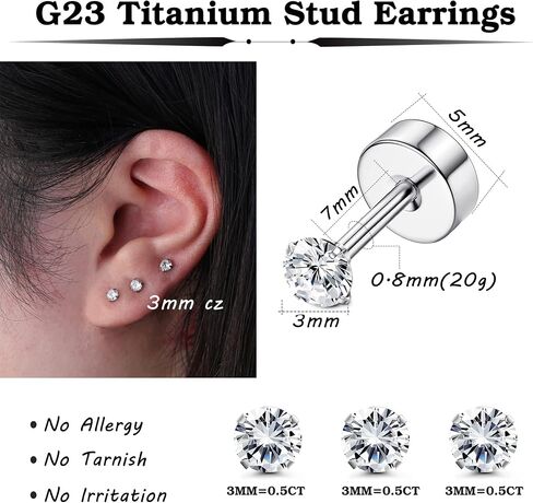Milacolato 5Pairs G23 Titanium Earrings for Women Men Hypoallergenic Titanium Stud Earrings for Sensitive Ears Clear Cubic Zirconia Earrings Studs 20G Flat Back Piercing Sleeper Cartilage Stud Earrings Set in Saudi Arabia