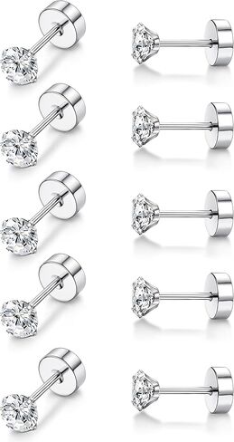 Milacolato 5 أزواج G23 أقراط التيتانيوم للنساء والرجال هيبوالرجينيك التيتانيوم أقراط للآذان الحساسة واضح مكعب زركونيا أقراط الأزرار 20G شقة الظهر ثقب النائم الغضروف أقراط مجموعة in Kuwait