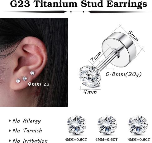 Milacolato 5 أزواج G23 أقراط التيتانيوم للنساء والرجال هيبوالرجينيك التيتانيوم أقراط للآذان الحساسة واضح مكعب زركونيا أقراط الأزرار 20G شقة الظهر ثقب النائم الغضروف أقراط مجموعة in Kuwait