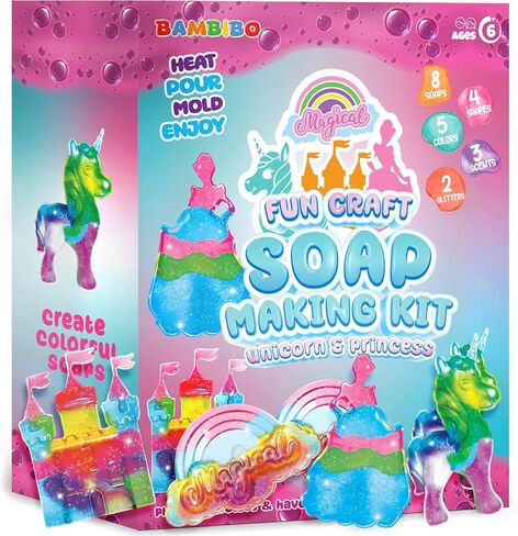 Bambibo Princess & Unicorn Soap Making Kit for Kids - MEGA Pack 52 Pcs | 4 Moulds, 8 Soaps, 3 Scents, 5 Colors, 2 Glitters | Make Your Own Soap Kit for Kids | DIY Kids Soap Making Kit | Kids Soap Kit in Saudi Arabia