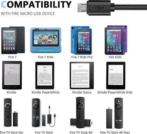 سلك شحن شاحن جداري USB 3 في 1 متوافق مع Fire TV Stick، Fire Tablet، Kindle Paperwhite، Oasis، Kindle Fire 6 7 HD، Fire 7 HD 8/8 Plus/ 8 Pro، HD 10/10 Plus/10 Pro، تابلت اتش دي 8.9 بوصة 7 بوصة in Saudi Arabia