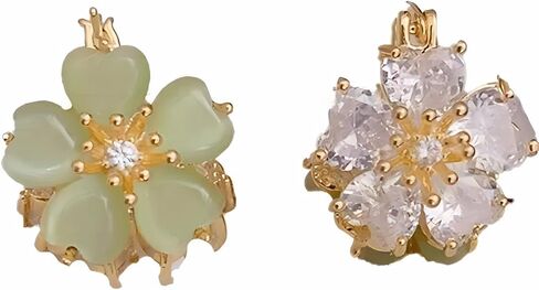 14K Gold Plated Double Sided Zirconia And Transparent Opal Floral Huggie Hoop Earrings For Women and girls in Saudi Arabia