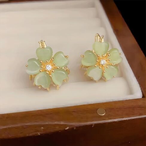 14K Gold Plated Double Sided Zirconia And Transparent Opal Floral Huggie Hoop Earrings For Women and girls in Saudi Arabia