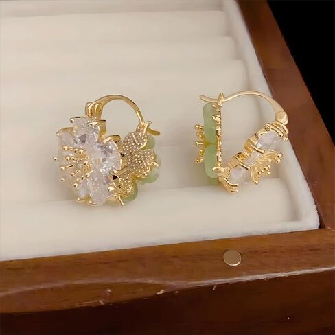 14K Gold Plated Double Sided Zirconia And Transparent Opal Floral Huggie Hoop Earrings For Women and girls in Saudi Arabia