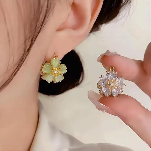 14K Gold Plated Double Sided Zirconia And Transparent Opal Floral Huggie Hoop Earrings For Women and girls in Saudi Arabia