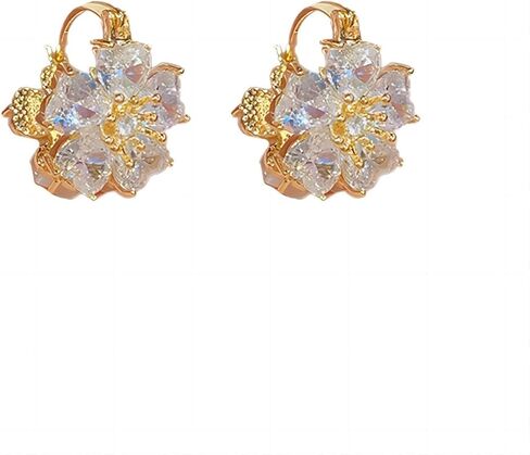 14K Gold Plated Double Sided Zirconia And Transparent Opal Floral Huggie Hoop Earrings For Women and girls in Saudi Arabia