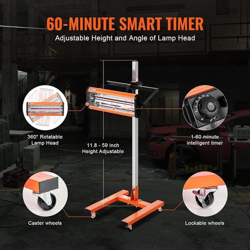 VEVOR Infrared Curing Lamp, 3300W 1-60 min Timing, Auto Heating Car Curing Light with Bracket, 8.61 sq.ft Baking Area Spray Baking Booth Heaters, Paint Dryer for On-Site Repair, Engine Drying 1 Pack in Saudi Arabia