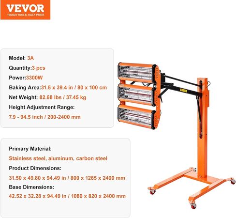 VEVOR Infrared Curing Lamp, 3300W 1-60 min Timing, Auto Heating Car Curing Light with Bracket, 8.61 sq.ft Baking Area Spray Baking Booth Heaters, Paint Dryer for On-Site Repair, Engine Drying 1 Pack in Saudi Arabia