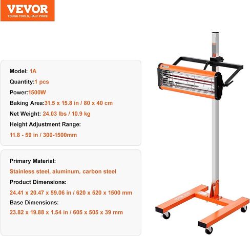 VEVOR Infrared Curing Lamp, 3300W 1-60 min Timing, Auto Heating Car Curing Light with Bracket, 8.61 sq.ft Baking Area Spray Baking Booth Heaters, Paint Dryer for On-Site Repair, Engine Drying 1 Pack in Saudi Arabia