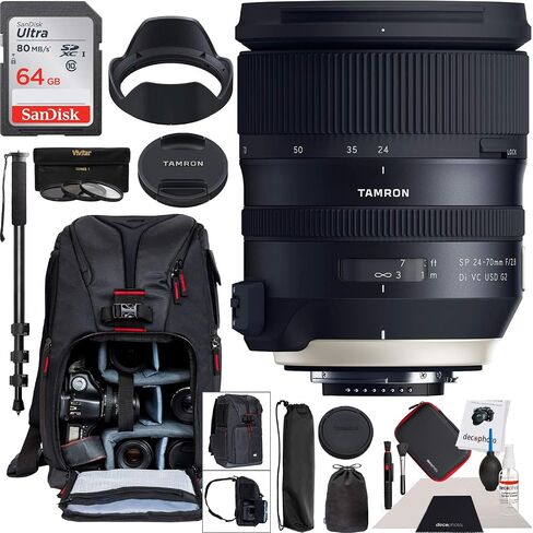 عدسة Tamron SP 24-70 مم f/2.8 Di VC USD G2 لكاميرا Canon EF Mount AFA032C-700 مع مجموعة مرشح فاخرة 82 مم وحزمة حقيبة ظهر للتصوير الفوتوغرافي من ديكو جير in Saudi Arabia
