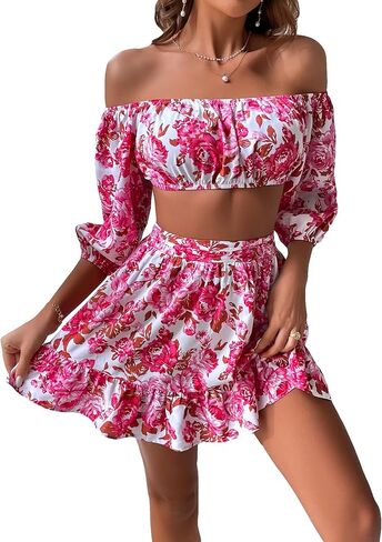 Floerns Women's 2 Piece Outfit Floral Off Shoulder Crop Top and Ruffle Skirt Set in Saudi Arabia