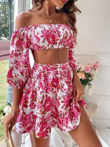 Floerns Women's 2 Piece Outfit Floral Off Shoulder Crop Top and Ruffle Skirt Set in Saudi Arabia