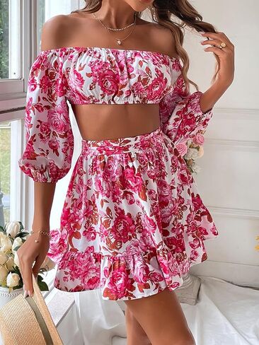 Floerns Women's 2 Piece Outfit Floral Off Shoulder Crop Top and Ruffle Skirt Set in Saudi Arabia