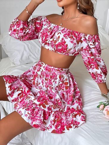 Floerns Women's 2 Piece Outfit Floral Off Shoulder Crop Top and Ruffle Skirt Set in Saudi Arabia