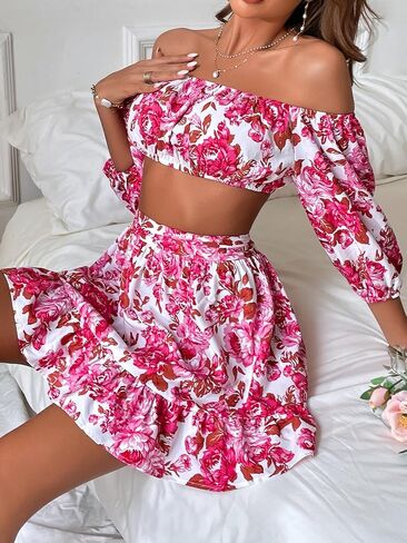 Floerns Women's 2 Piece Outfit Floral Off Shoulder Crop Top and Ruffle Skirt Set in Saudi Arabia